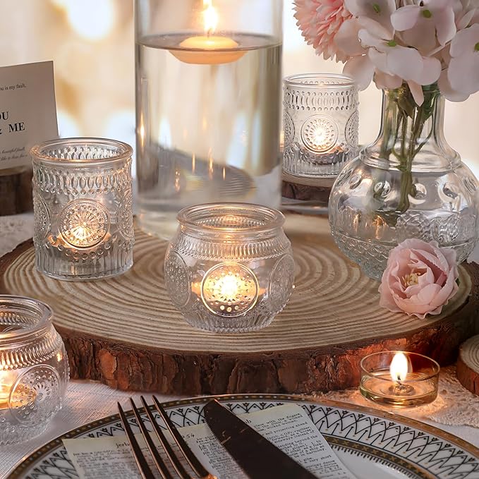 DARJEN 12Pcs Clear Votive Candle Holders - Glass Tea Light Candle Holder, Clear Votives, Embossed Candle Votives for Wedding Centerpiece & Home Decoration