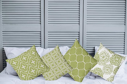 Ambesonne Vintage Throw Pillow Cushion Case Pack of 4, Monochrome Design Grid Trellis Quatrefoil Mesh and Dahlia Flowers Modern, Modern Accent Double-Sided Digital Printing, 16", Olive Green