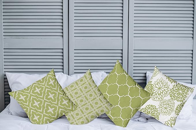 Ambesonne Vintage Throw Pillow Cushion Case Pack of 4, Monochrome Design Grid Trellis Quatrefoil Mesh and Dahlia Flowers Modern, Modern Accent Double-Sided Digital Printing, 20", Olive Green