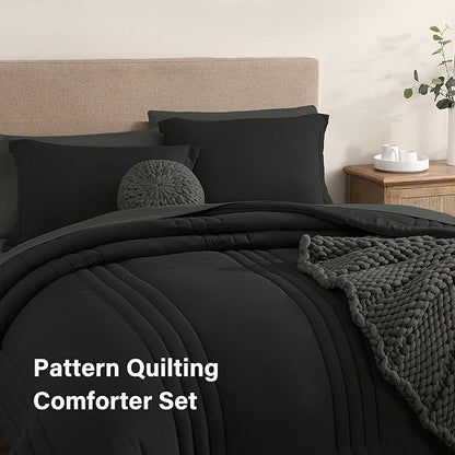 Monbix California King Size Comforter Set - 7 Pieces Bed in a Bag California King, Black Bedding Sets with Comforter, All Seasons Down Alternative Comforter Bed Set with Sheets, Pillowcases & Shams