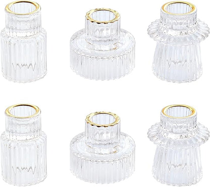 Vixdonos Taper Glass Candlestick Holders Tealight Candle Holders for Table Centerpieces, Wedding Decor and Dinner Party (6 Pcs, Gold Rim Clear)