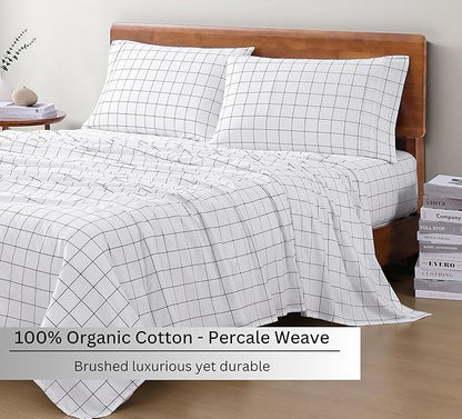 LANE LINEN Twin Sheet Set, 100% Organic Cotton Sheets Twin Size, 3Pc Twin Sheets Sets, Premium Bedding Sheets & Pillowcases, Percale Sheets, 15" Deep Pocket Twin Fitted Sheet - Windowpane