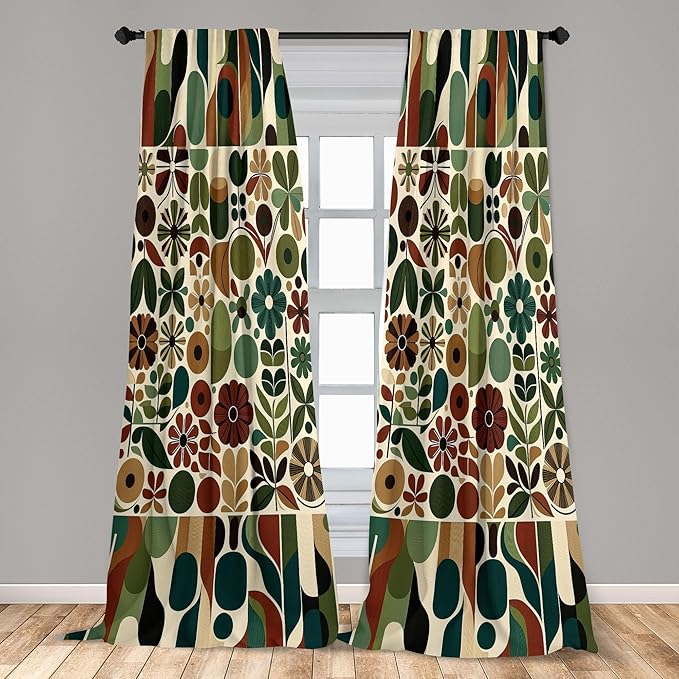 Ambesonne Scandinavian Window Curtains Pack of 2, Abstract Geometric Art of Leaves and Flowers with Bohemian Feel, Lightweight Set with Rod Pocket, 4 Panels of - 28" x 95", Olive Green Redwood Beige