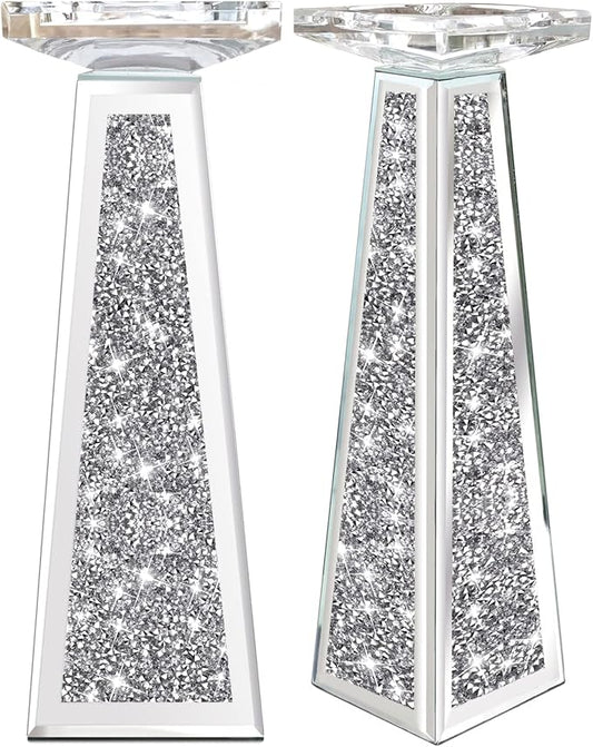 Wocred 2 Piece Candlestick Holders for Holding Pillar Candles, Crystal Crushed Diamond Candle Holders Set Decor for Dinning Room, Silver Glass Votive Candle Holders for Table Centerpiece(12”)