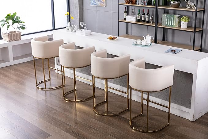 Modern Counter Height Linen Upholstered Bar Stools Set of 3, 32" Kitchen Counter Island Stools Bar Chairs with Gold Metal Frame for Kitchen Island, Cream