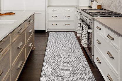 Custom Size Southwestern Style Runner Rug Mat for Wide Hallway Entryway Kitchen Laundry Room with Slip Resistant Latex Rubber Backing, Inca Grey, 31 inch X 15 feet