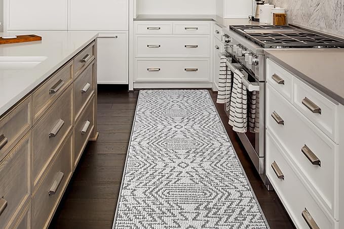 Custom Size Southwestern Style Runner Rug Mat for Wide Hallway Entryway Kitchen Laundry Room with Slip Resistant Latex Rubber Backing, Inca Grey, 31 inch X 10 feet