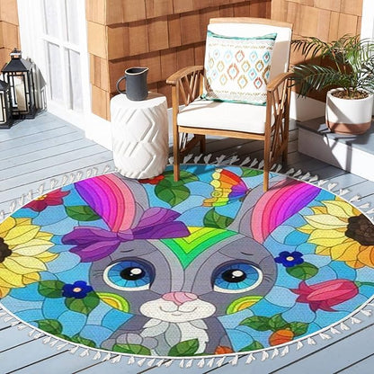 Round Rugs Stained Glass a Portrait a Cute Cartoon Rabbit a Flowers Rectangular Boho Area Rug Linen and Cotton Carpet Meditation Rug Washable Hallway Runner Mat Accent Rug for Bedroom Bathroom 6ft