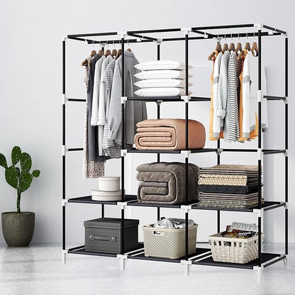Portable Closet, 51 Inch Wardrobe Closet for Hanging Clothes with 2 Hanging Rods, 8 Storage Organizer Shelves for Bedroom, Durable and Easy to Assemble, Black