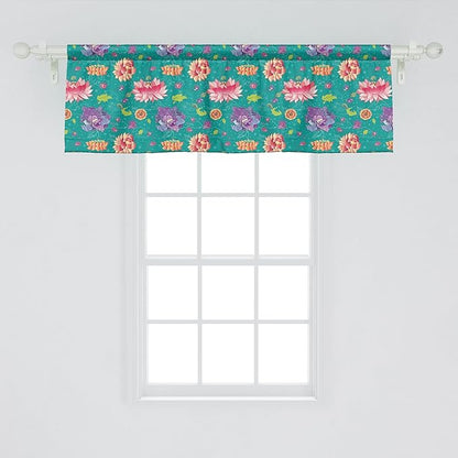 Ambesonne Floral Window Valance, Pattern with Lotus Flowers Peonies and Chrysanthemums Oriental Motifs Garden Art, Curtain Valance for Kitchen Bedroom Decor with Rod Pocket, 42" x 18", Teal