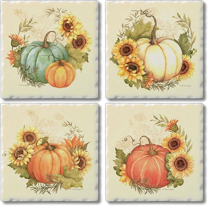 Thirstystone Harvest Field 4 Pack Assorted Tumbled Tile Stone Coasters with Protective Cork Backing 4" Square Manufactured in The USA
