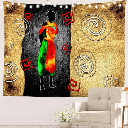 Batmerry African Ethnic Retro Tapestry, Vintage Motive Oil Landscape Fashion Wall Art Hanging Decoration Polyester Fiber White Ruffled Around For Dorm Room Bedroom Living Room, 35 X 47 Inches
