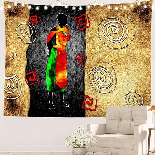 Batmerry African Ethnic Retro Tapestry, Vintage Motive Oil Landscape Fashion Wall Art Hanging Decoration Polyester Fiber White Ruffled Around For Dorm Room Bedroom Living Room, 35 X 47 Inches