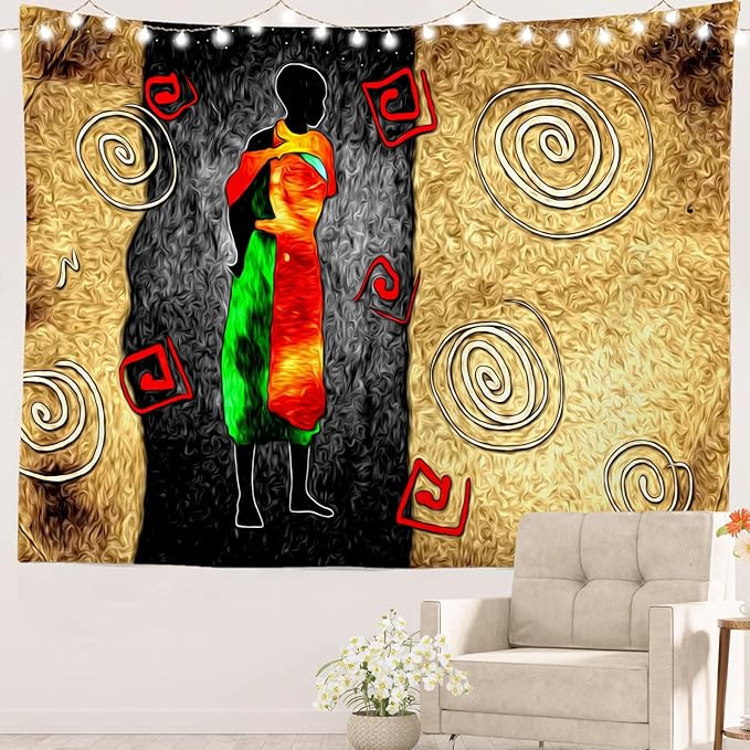 Batmerry African Ethnic Retro Tapestry, Vintage Motive Oil Landscape Fashion Wall Art Hanging Decoration Polyester Fiber White Ruffled Around For Dorm Room Bedroom Living Room, 30 X 40 Inches