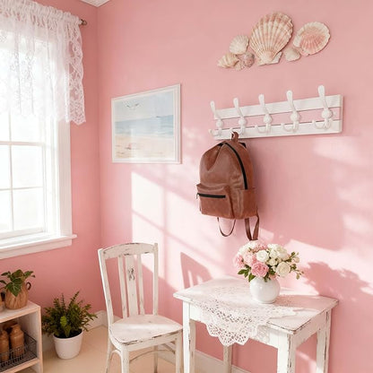 SKOLOO Coastal Wall Mounted Coat Rack - 17" Beach House Entryway Wooden Coat Hook with 5 Hooks for Hanging Coats, Hats or Towels, Oceanfront Cottage Core Collection, White & Palm Beach Pink, Pack of 2