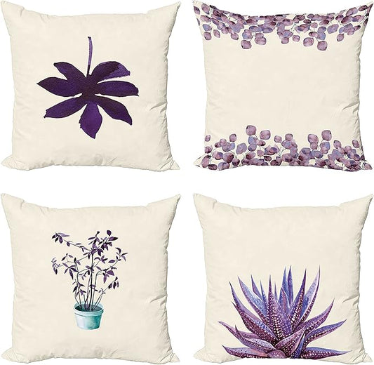 Ambesonne Botanical Throw Pillow Cushion Case Pack of 4, Minimalist Watercolor Painting Leaves Agave Branches Plant in a Pot, Modern Accent Double-Sided Digital Printing, 24", Quartz and Lavender