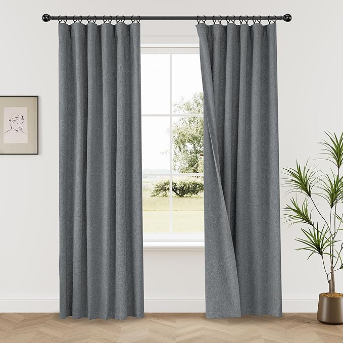 Neutral Grey Blackout Linen Curtains 84 Inch Length 2 Panels Set, Back Tab Loop Pocket Thermal Insulated Light Blocking Black Out Linen Weave Drapes for Offices Living Room 52x84 Inch, Frost Gray