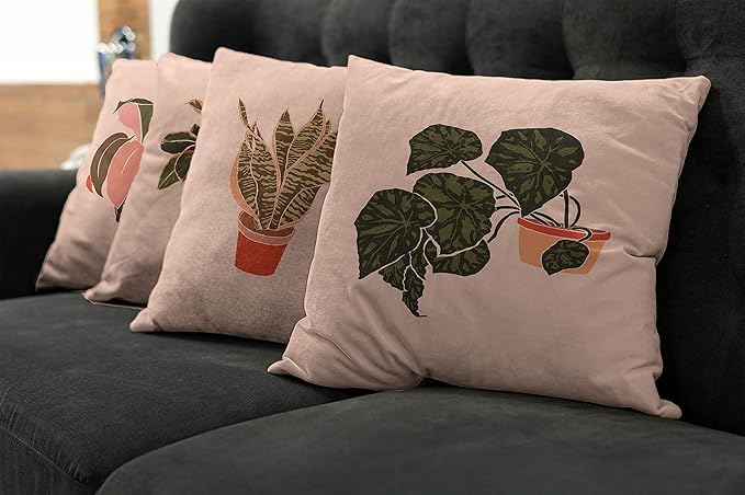 Ambesonne Botanical Throw Pillow Cushion Case Pack of 4, Digital Watercolor Effect Modern Print of House Plants Leaves Pots, Modern Accent Double-Sided Digital Printing, 24", Peach Emerald and Salmon