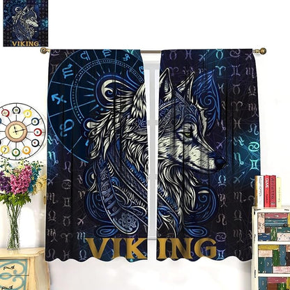 Viking Wolf Curtains Blue Rune Nordic Gothic Animal Curtains Dark Ancient Totem Mythological Pattern Printed Curtains Boys Bedroom Living Room Decoration Blackout Curtains W63 * L72 Inch