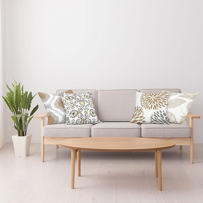 Ambesonne Vintage Throw Pillow Covers Pack of 4, Bohemian Ornamental Leaves Dahlia Pattern Geometric Curlicue, Modern for Home Accent Double-Sided Digital Printing Cases, 20", Pale Brown Grey White
