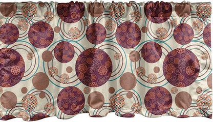 Lunarable Geometric Circle Window Valance Pack of 2, Ring Spherical Disco Balls Dot and Stripes Swirls Display Print, Rod Pocket Curtain Valances for Kitchen Bedroom, 54" X 18", Maroon Beige