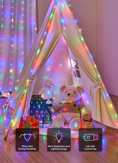 Brightown 300 LED Fairy Curtain Lights, 9.8ft x 9.8ft Multicolor Curtain String Lights, USB Plug in 8 Lighting Modes Christmas String Hanging Lights with Remote for Bedroom Indoor Outdoor Party Xmas