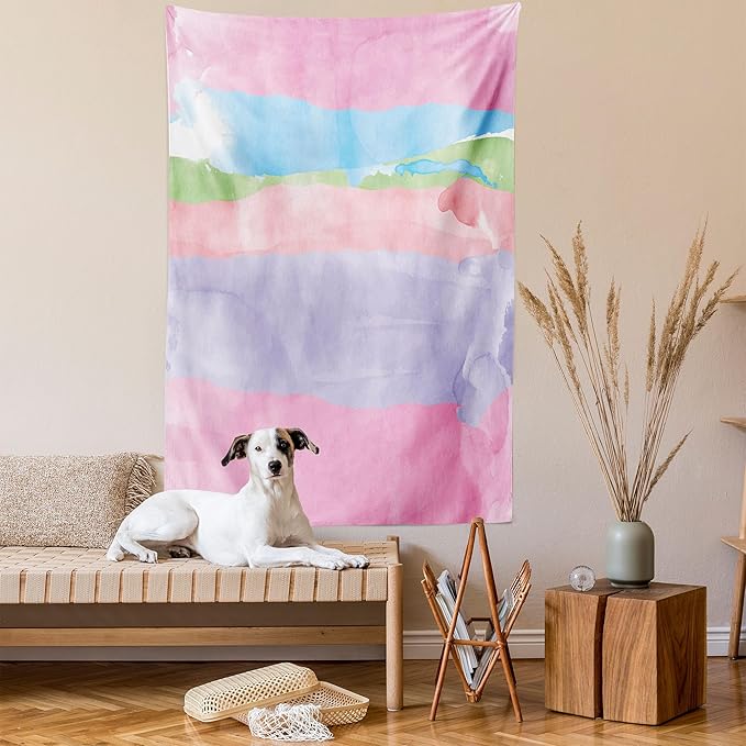 Lunarable Abstract Tapestry Queen Size, Paintbrush Watercolor Large Pastel Horizontal Stripes in Various Tones Boho Print, Wall Hanging Bedspread Bed Cover Wall Decor, Queen Size, Lilac Pink