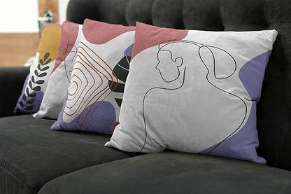 Ambesonne Minimal Throw Pillow Cushion Case Pack of 4, Modern Line Art Woman Portrait Contemporary Leafy Geometric Details, Modern Accent Double-Sided Digital Printing, 24", Lavender Amber Pale Rust