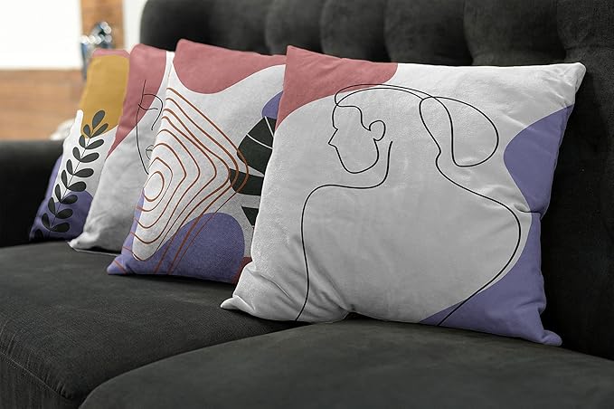 Ambesonne Minimal Throw Pillow Cushion Case Pack of 4, Modern Line Art Woman Portrait Contemporary Leafy Geometric Details, Modern Accent Double-Sided Digital Printing, 18", Lavender Amber Pale Rust