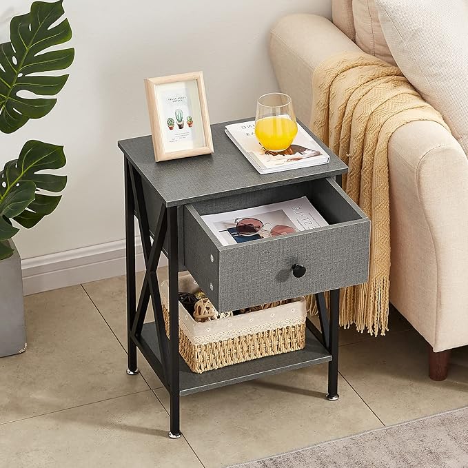 VECELO Nightstands Set of 2, Modern Bedside End Tables, Night Stands with Drawer and Storage Shelf for Living Room Bedroom, Industrial Metal Frame