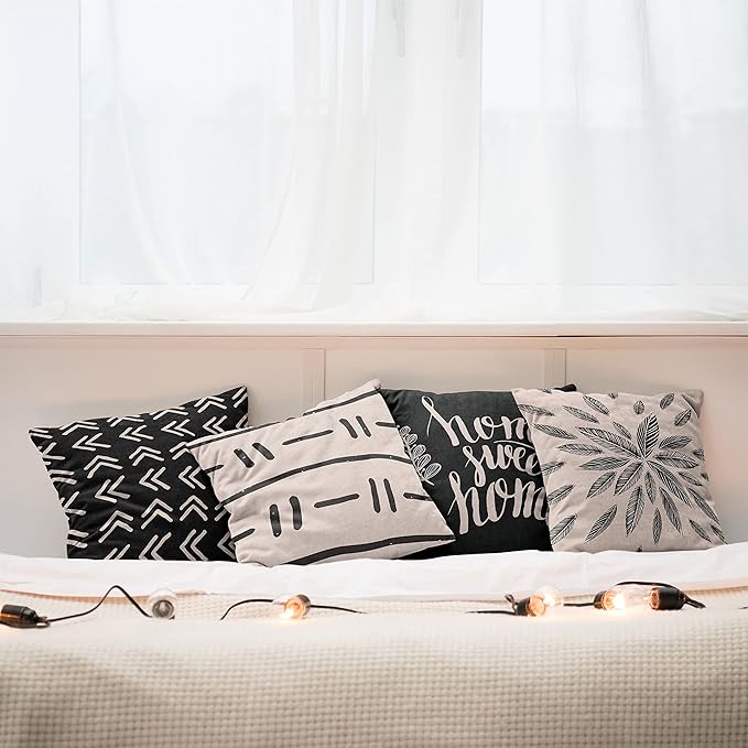Ambesonne Modern Throw Pillow Cushion Case Pack of 4, Scandinavian Minimal Ornaments Boho Feather Leaves and Home Phrase, Modern Accent Double-Sided Digital Printing, 16", Pale Tan and Charcoal Grey