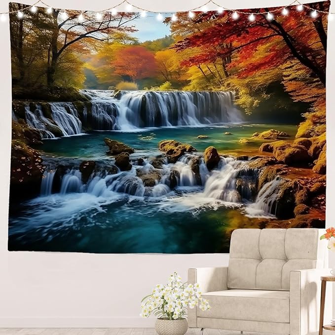 Batmerry Autumn Forest Tapestry, Waterfall At Red Autumn Forest Wall Art Hanging Decoration Polyester Fiber White Ruffled Around for Dorm Room Bedroom Living Room, 39.1x59.1 inches