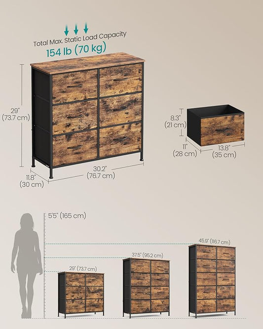 SONGMICS Dresser for Bedroom, Chest of Drawers, TV Stand, Steel, MDF, 6 Non-Woven Fabric Drawers, Storage Organizer Unit, Closet, Entryway, Rustic Brown and Ink Black ULGS123B02S