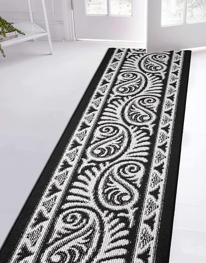 Custom Length Cut to Size Tribal Ethnic Southwestern Inspired Hallway Runner Rug, Non Slip Rubber Backed, 31 inch Wide X Customized Length, Mayan Black, 31 inch X 21 feet