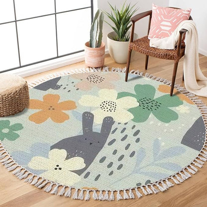 Round Rugs Floral Cute White Bunnies Hand Drawn Boho Area Rug Linen and Cotton Carpet Meditation Rug Washable Hallway Runner Mat Accent Rug for Bedroom Bathroom 6ft