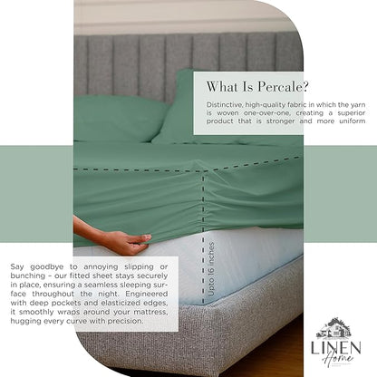 Linen Home 100% Cotton Percale Sheets Twin Size, Frosty Green, Deep Pocket, 3 Pieces Set - 1 Flat, 1 Deep Pocket Fitted Sheet and 1 Pillowcase, Crisp Cool and Strong Bed Linen