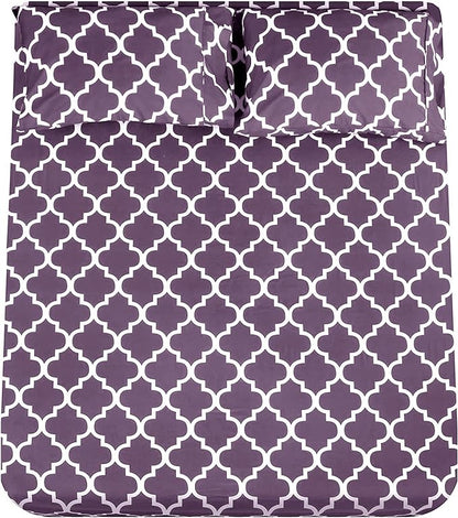 Mejoroom King Bed Sheet Set - Super Soft Brushed Microfiber 1800 Thread Count Sheets with 15 inch Deep Pocket - Wrinkle Free - 4 Piece (King, Purple Quatrefoil with White Pattern)