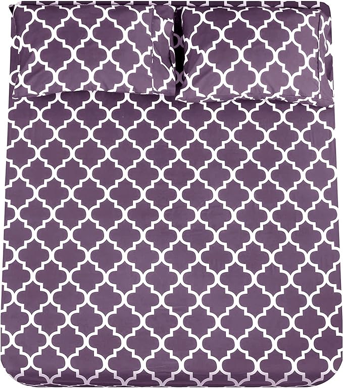 Mejoroom Full Bed Sheet Set - Super Soft Brushed Microfiber 1800 Thread Count Full Sheets with 16 inch Deep Pocket - Wrinkle Free - 4 Piece(Purple Quatrefoil with White Pattern)