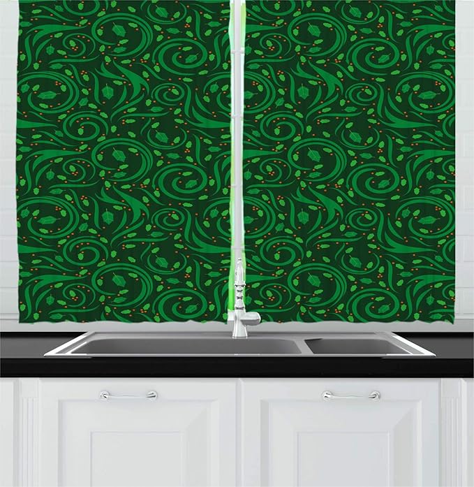 Lunarable Nature Kitchen Curtains, Botanical Swirls Leaf Details and Dot Shaped Berries, Window Drapes 2 Panel Set for Kitchen Cafe Decor, 55" X 39", Green Dark Green