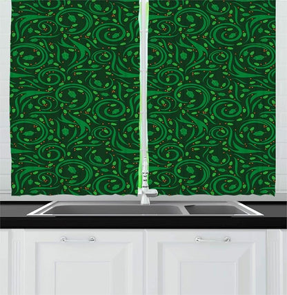 Lunarable Nature Kitchen Curtains, Botanical Swirls Leaf Details and Dot Shaped Berries, Window Drapes 2 Panel Set for Kitchen Cafe Decor, 55" X 39", Green Dark Green