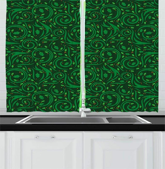 Lunarable Nature Kitchen Curtains, Botanical Swirls Leaf Details and Dot Shaped Berries, Window Drapes 2 Panel Set for Kitchen Cafe Decor, 55" X 39", Green Dark Green
