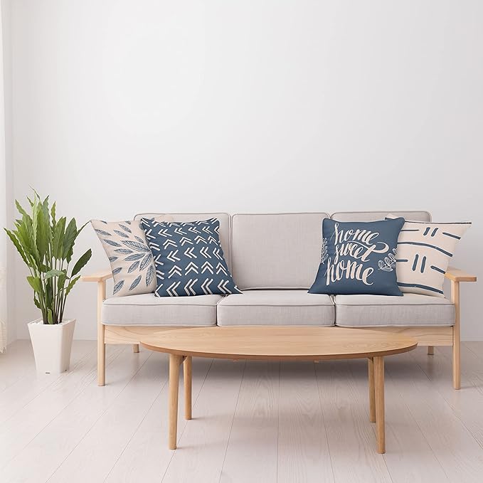 Ambesonne Modern Throw Pillow Cushion Case Pack of 4, Scandinavian Minimal Ornaments Boho Feather Leaves and Home Phrase, Modern Accent Double-Sided Digital Printing, 16", Pale Tan and Slate Blue