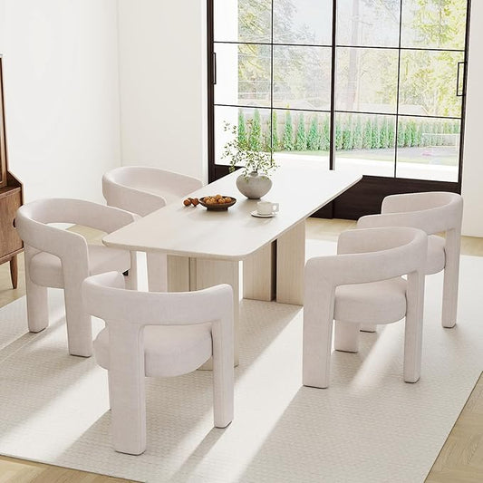 Modern Barrel Dining Chairs Set of 5, Linen Upholstered Accent Side Chair with Arms Comfy Makeup Vanity Chairs, Dining Living Room Kitchen Chairs, Beige
