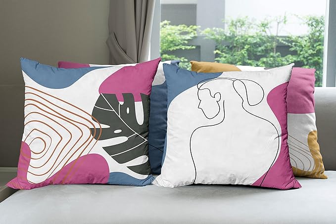 Ambesonne Minimal Throw Pillow Cushion Case Pack of 4, Modern Line Art Woman Portrait with Contemporary Leafy Geometric Details, Modern Accent Double-Sided Digital Printing, 20", Slate Blue Pink Amber