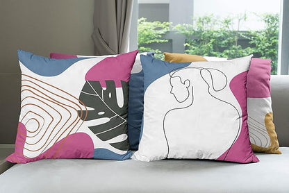 Ambesonne Minimal Throw Pillow Cushion Case Pack of 4, Modern Line Art Woman Portrait with Contemporary Leafy Geometric Details, Modern Accent Double-Sided Digital Printing, 20", Slate Blue Pink Amber