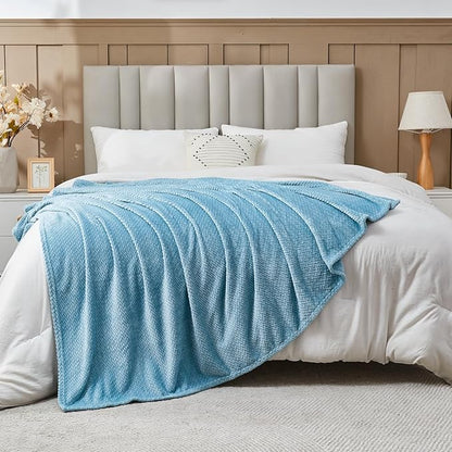 NEWCOSPLAY Super Soft Queen Blanket Light Blue Premium Silky Flannel Fleece Leaves Pattern Lightweight Bed Blanket All Season Use (Light Blue, Queen(90"x90"))