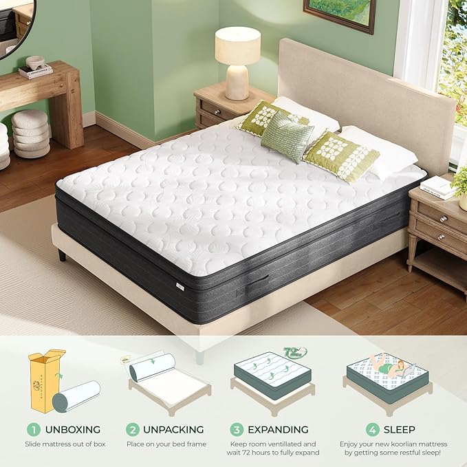 koorlian Queen Mattress 10 Inch - Cooling Hybrid Mattress in a Box for Back Pain Relief - Pocket Spring & Memory Foam | Fiberglass-Free, Medium Firm Feel, CertiPUR-US, 120 Nights Trial
