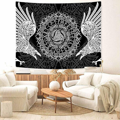 Viking Art Tapestry, Ancient Rune Dragon Totem Nordic Art Wall Hanging Tapestries, Mysterious Meditation Tapestry Wall Hanging for Living Room Bedroom Viking Decor
