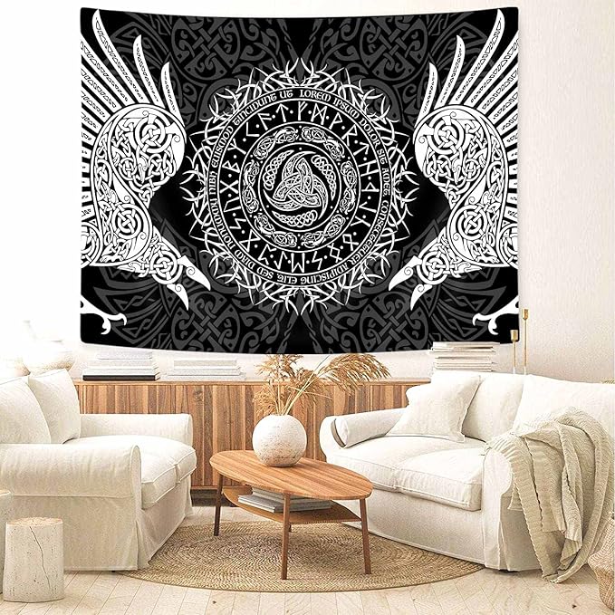 Viking Art Tapestry, Ancient Rune Dragon Totem Nordic Art Wall Hanging Tapestries, Mysterious Meditation Tapestry Wall Hanging for Living Room Bedroom Viking Decor