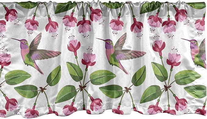 Lunarable Hummingbird Window Valance Pack of 2, Retro Arrangement Exotic Animal Pattern Needlework Inspired Illustration, Rod Pocket Curtain Valances for Kitchen Bedroom, 54" X 18", Pink Green